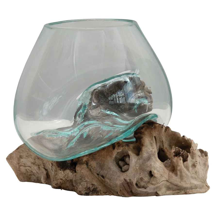 Glass Vase 7" on Natural Wood Base
